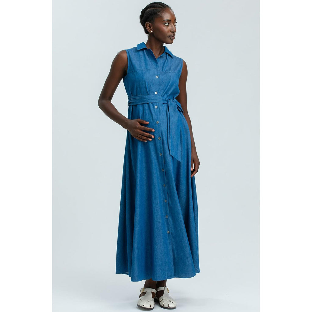 ALBA - Maxi Abito Premaman Smanicato in Cotone Tecnico Blu Denim