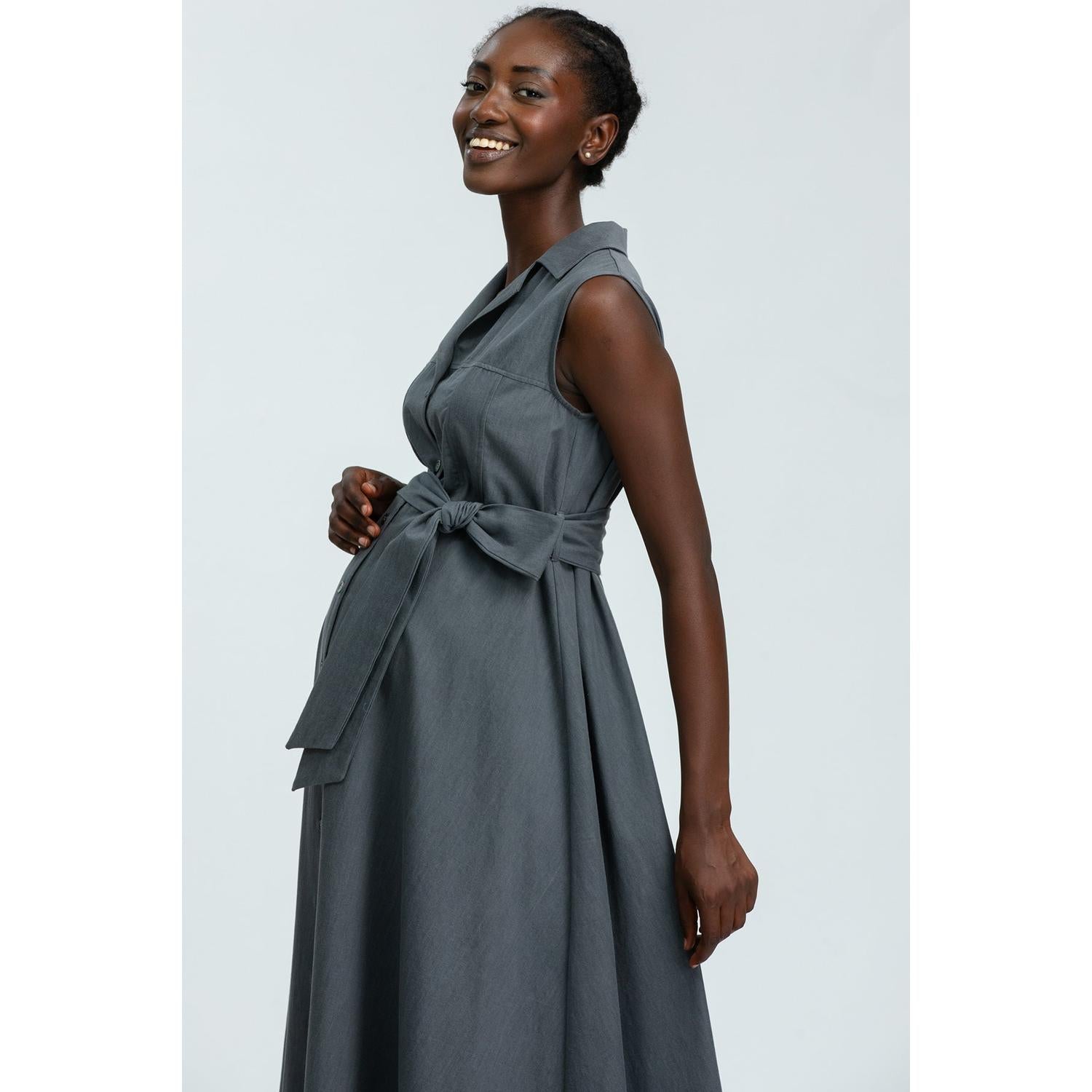 ALBA - Maxi Abito Premaman Smanicato in Cotone Tecnico Grigio Denim