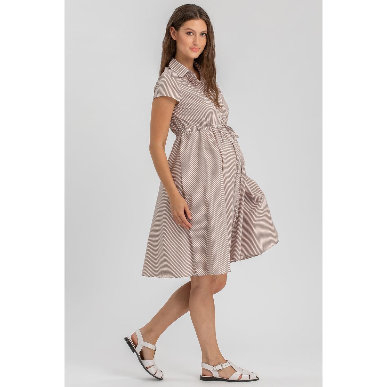 VIOLA - Abito Premaman e Allattameto in Cotone a Righe Beige