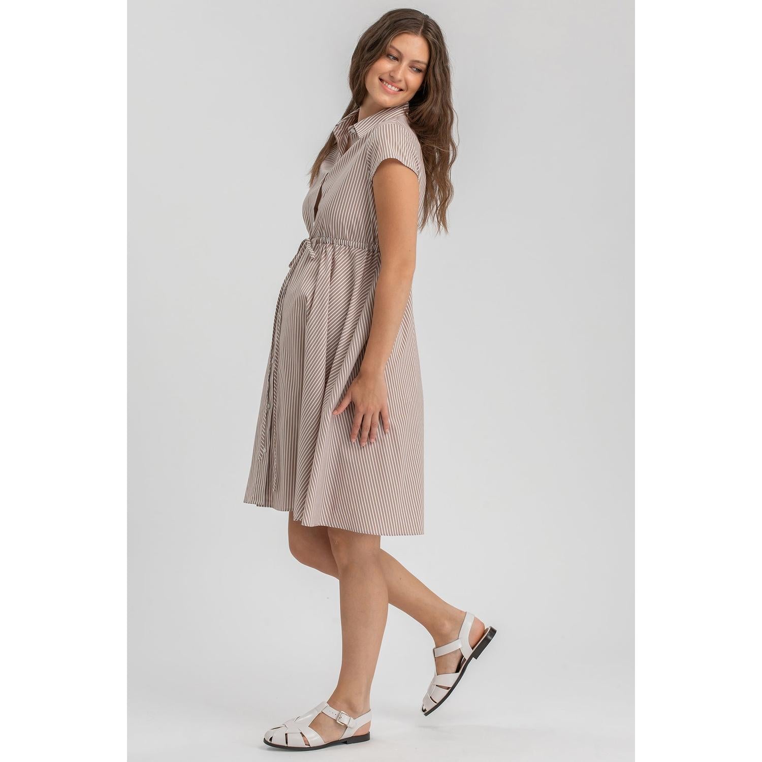 VIOLA - Abito Premaman e Allattameto in Cotone a Righe Beige