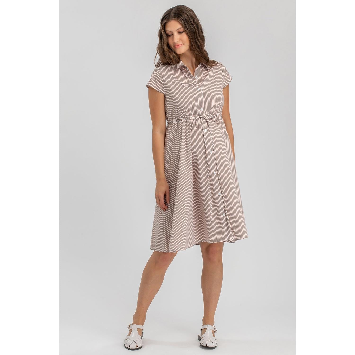 VIOLA - Abito Premaman e Allattameto in Cotone a Righe Beige