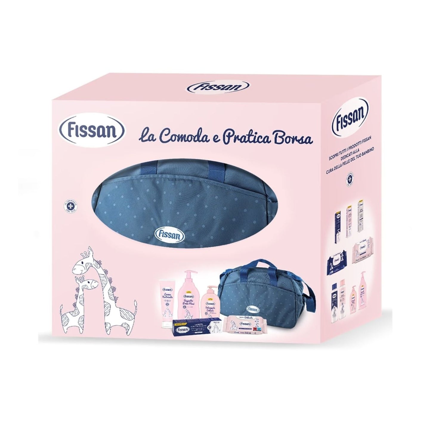 Fissan baby care gift set featuring two blue polka-dotted bags and a variety of Fissan baby products. 
