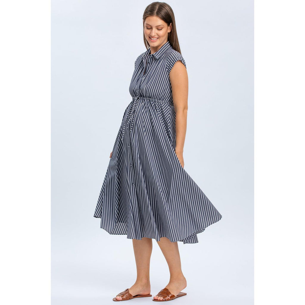 CELESTE - Abito Chemisier Premaman e Allattamento in Cotone Blu Scuro con Righe Bianche