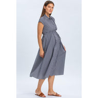 CELESTE - Abito Chemisier Premaman e Allattamento in Cotone Blu Scuro con Righe Bianche
