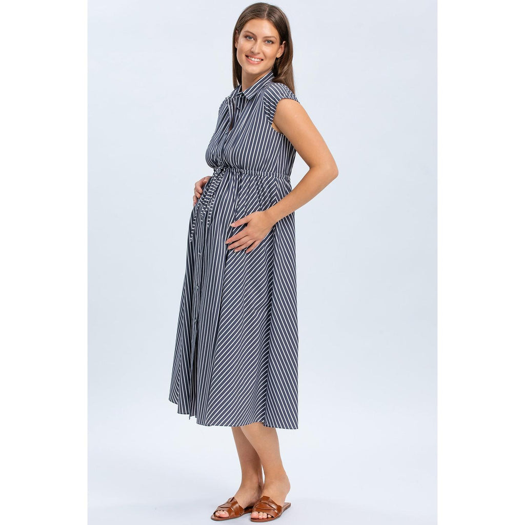 CELESTE - Abito Chemisier Premaman e Allattamento in Cotone Blu Scuro con Righe Bianche