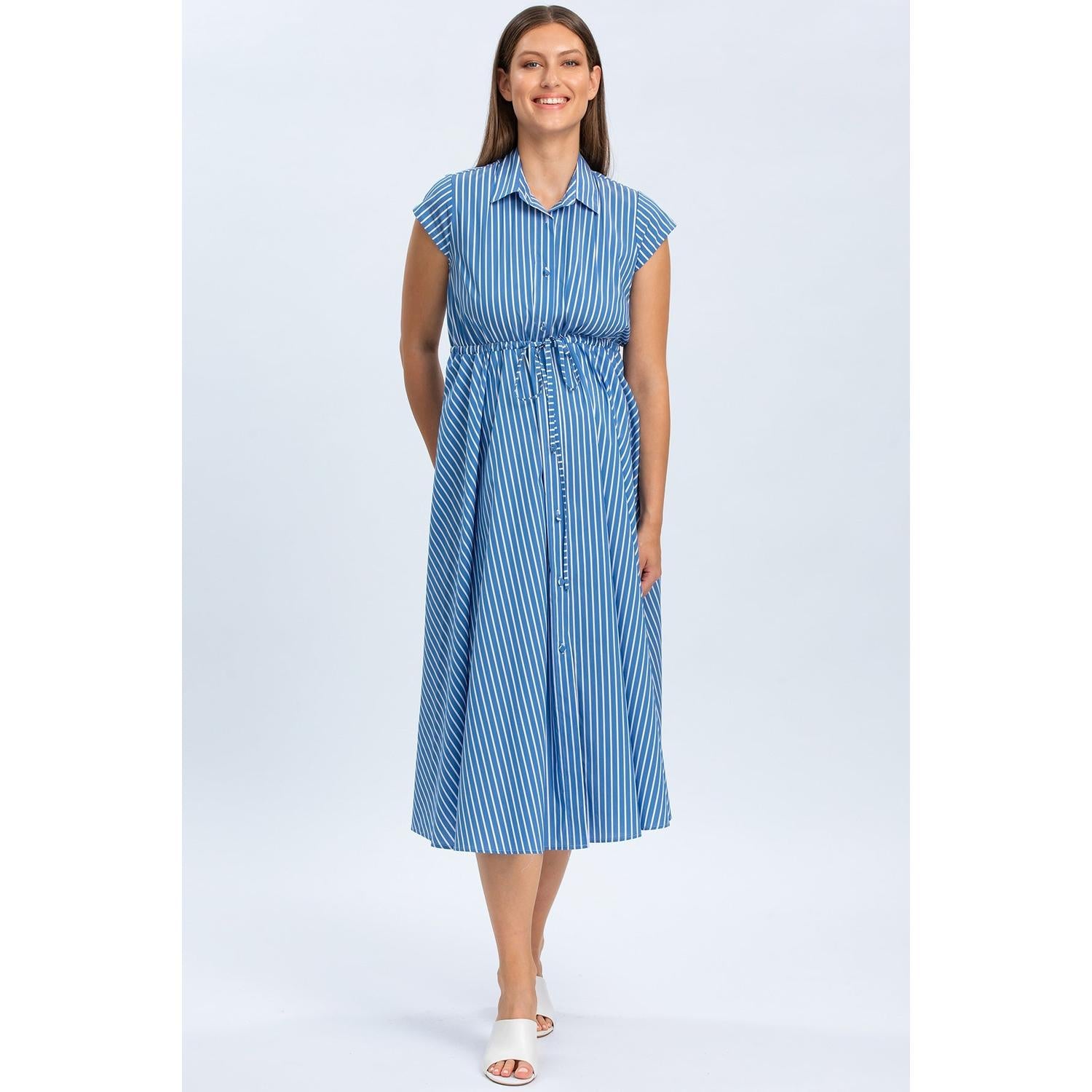 CELESTE - Abito Chemisier Premaman e Allattamento in Cotone Blu a Righe