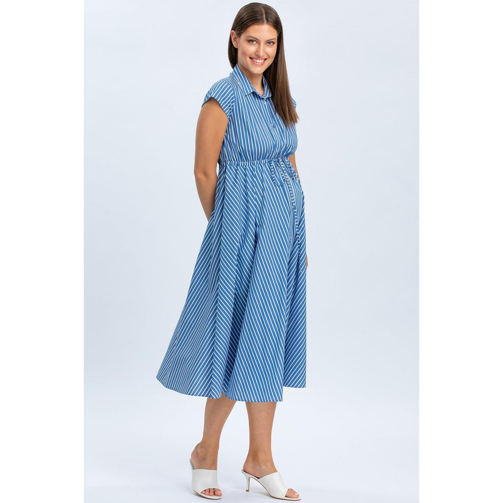CELESTE - Abito Chemisier Premaman e Allattamento in Cotone Blu a Righe