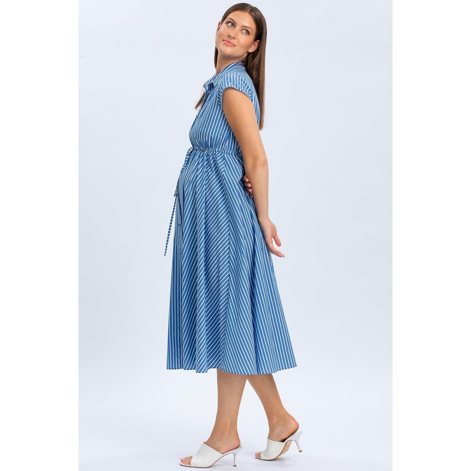 CELESTE - Abito Chemisier Premaman e Allattamento in Cotone Blu a Righe