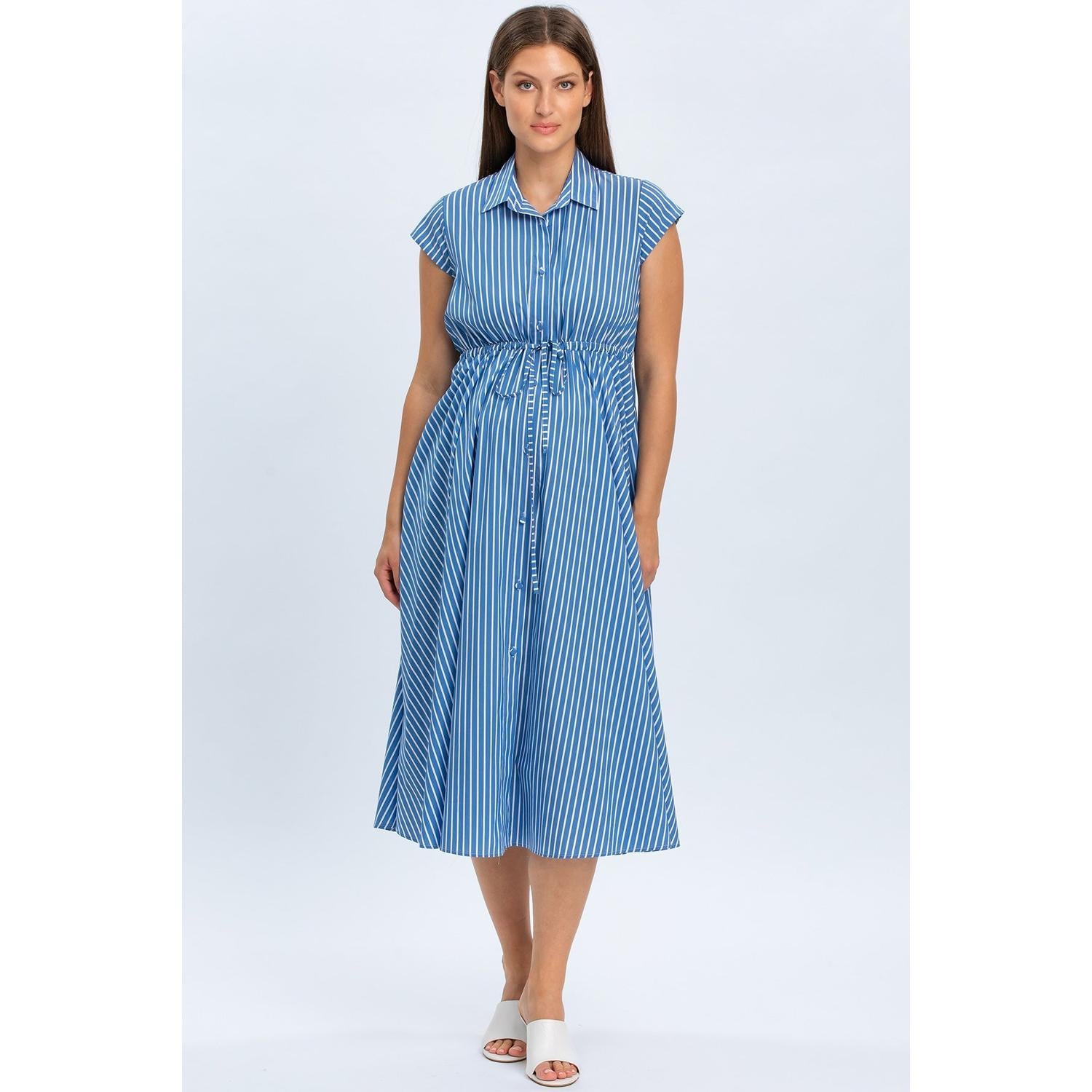 CELESTE - Abito Chemisier Premaman e Allattamento in Cotone Blu a Righe