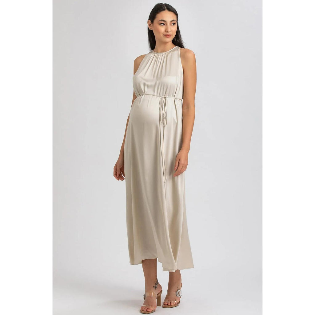 CLARISSA - Maxi Abito Premaman Beige con Cintura Rimovibile