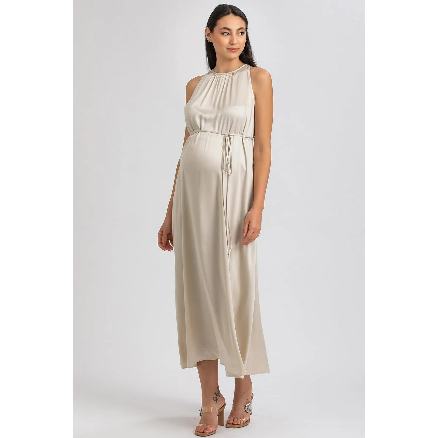 CLARISSA - Maxi Abito Premaman Beige con Cintura Rimovibile
