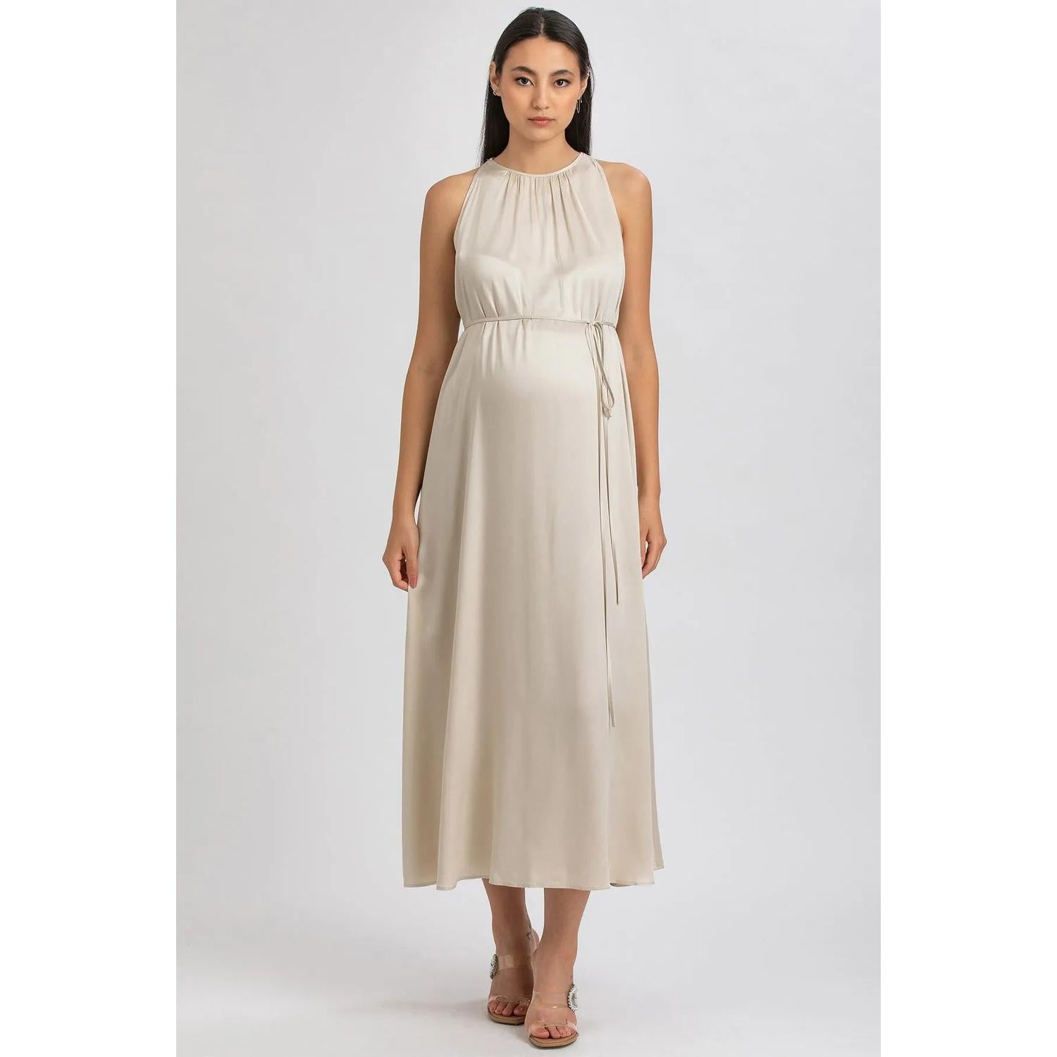 CLARISSA - Maxi Abito Premaman Beige con Cintura Rimovibile