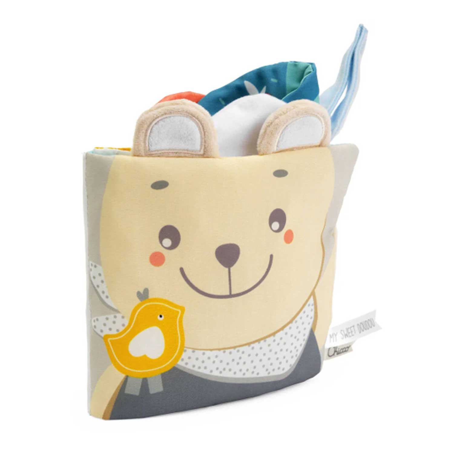Soft, plush activity book featuring a friendly bear face with a yellow bird applique on the front.  