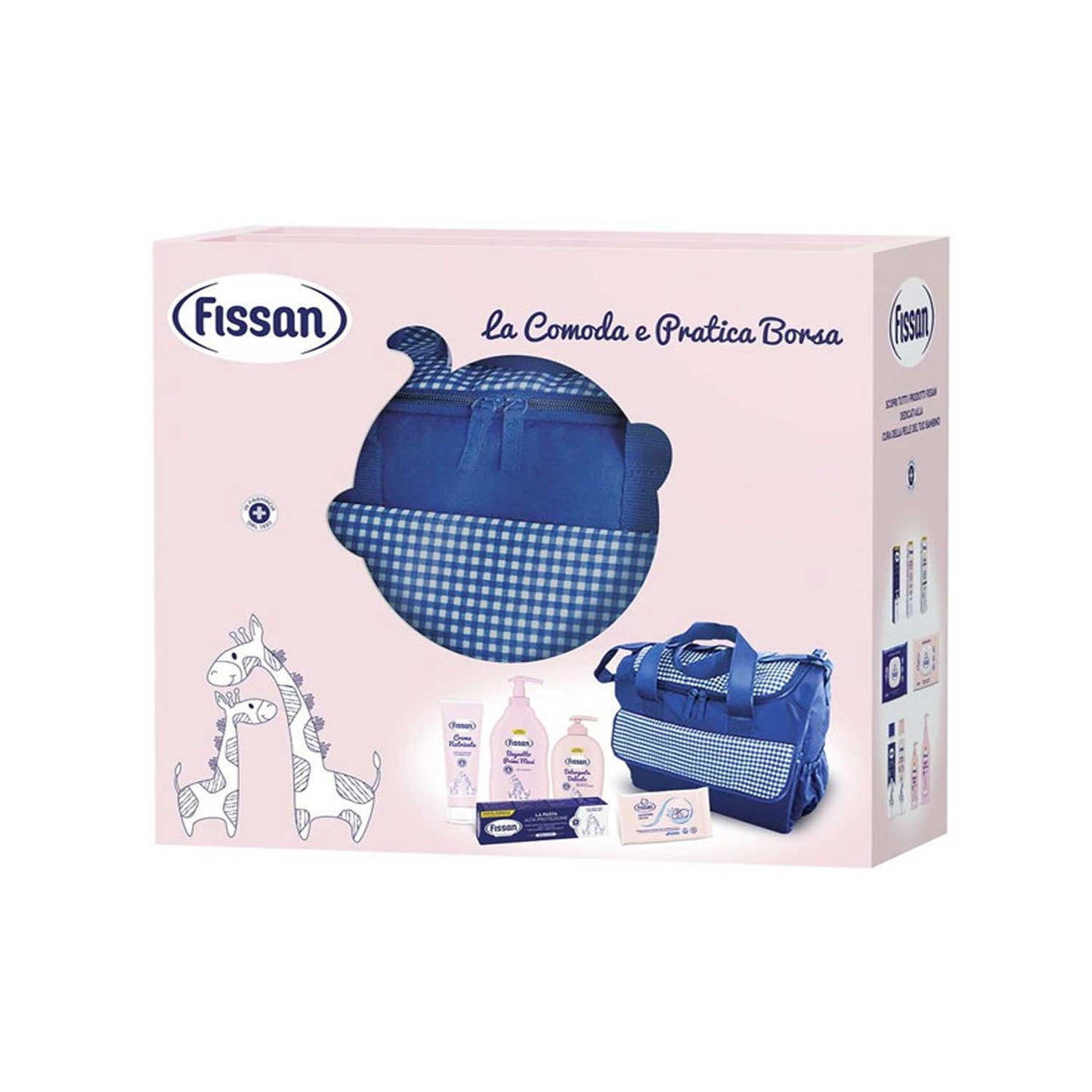 Fissan baby care gift set featuring a blue gingham diaper bag, baby toiletries, and adorable giraffe illustration. 
