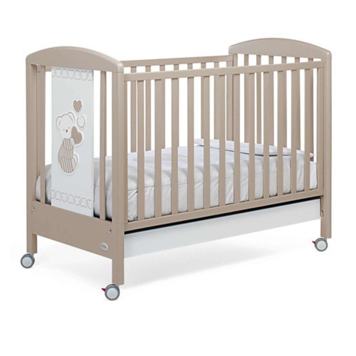 Beige wooden baby crib with teddy bear decoration and rolling wheels for easy maneuverability. 
