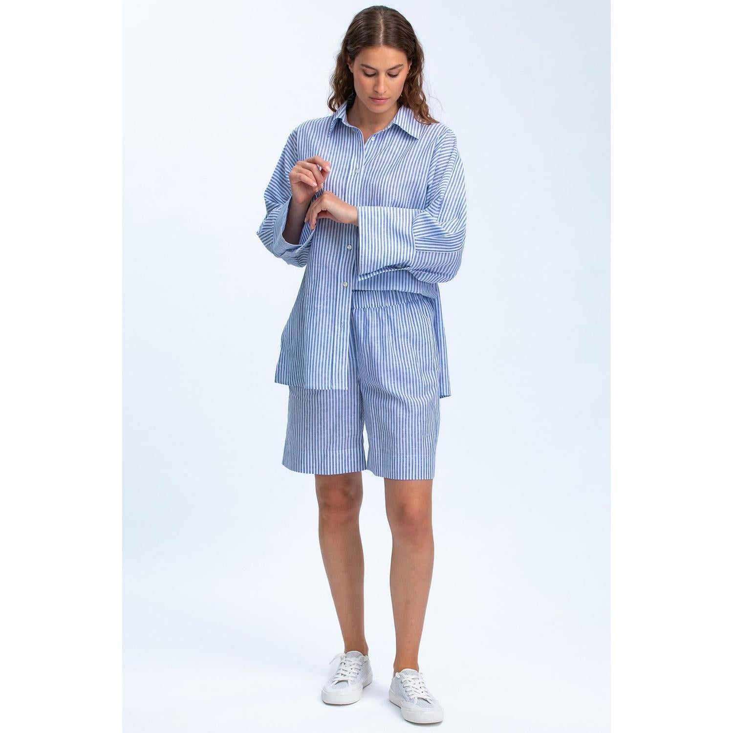 LIPARI - Camicia Oversize in Lino a Righe Blu