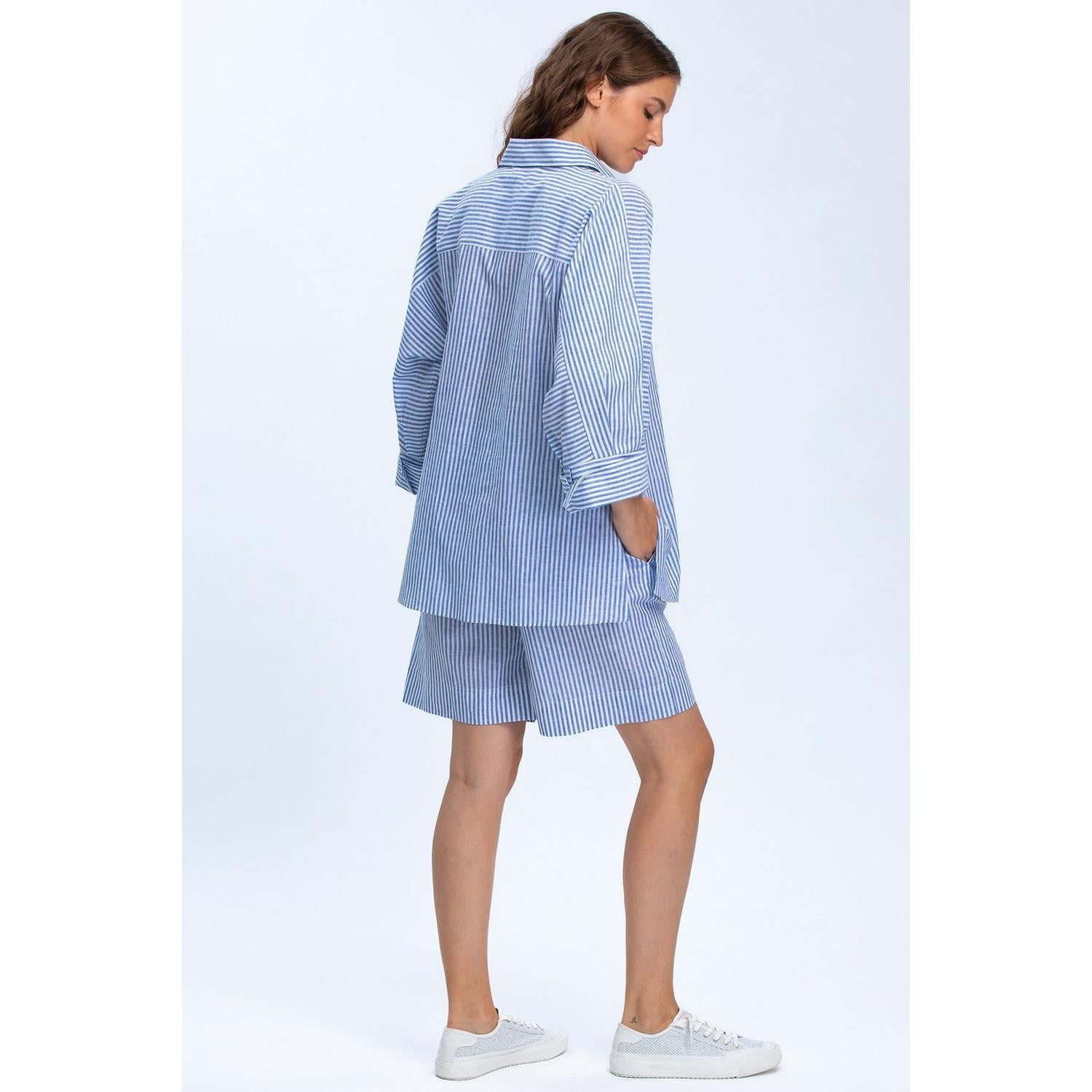 LIPARI - Camicia Oversize in Lino a Righe Blu