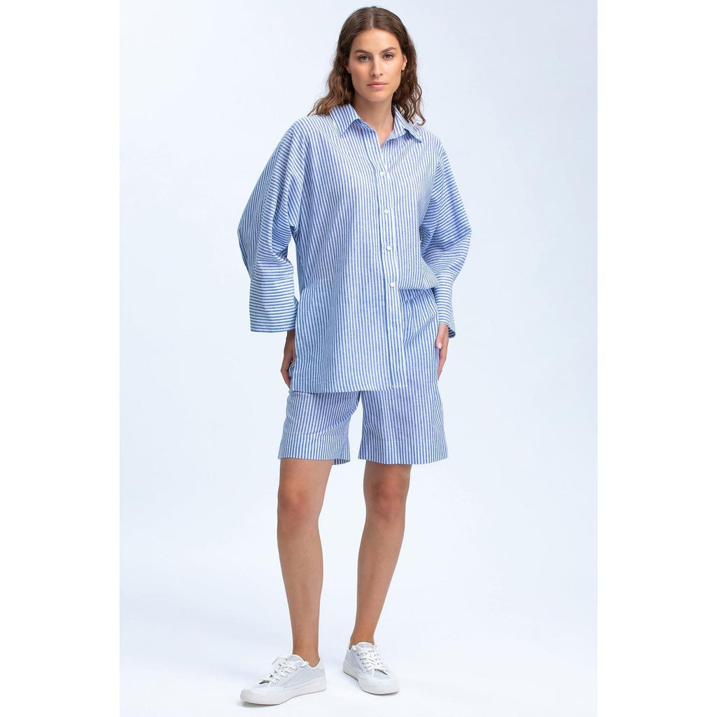 LIPARI - Camicia Oversize in Lino a Righe Blu
