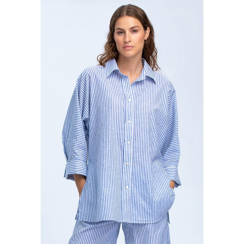 LIPARI - Camicia Oversize in Lino a Righe Blu