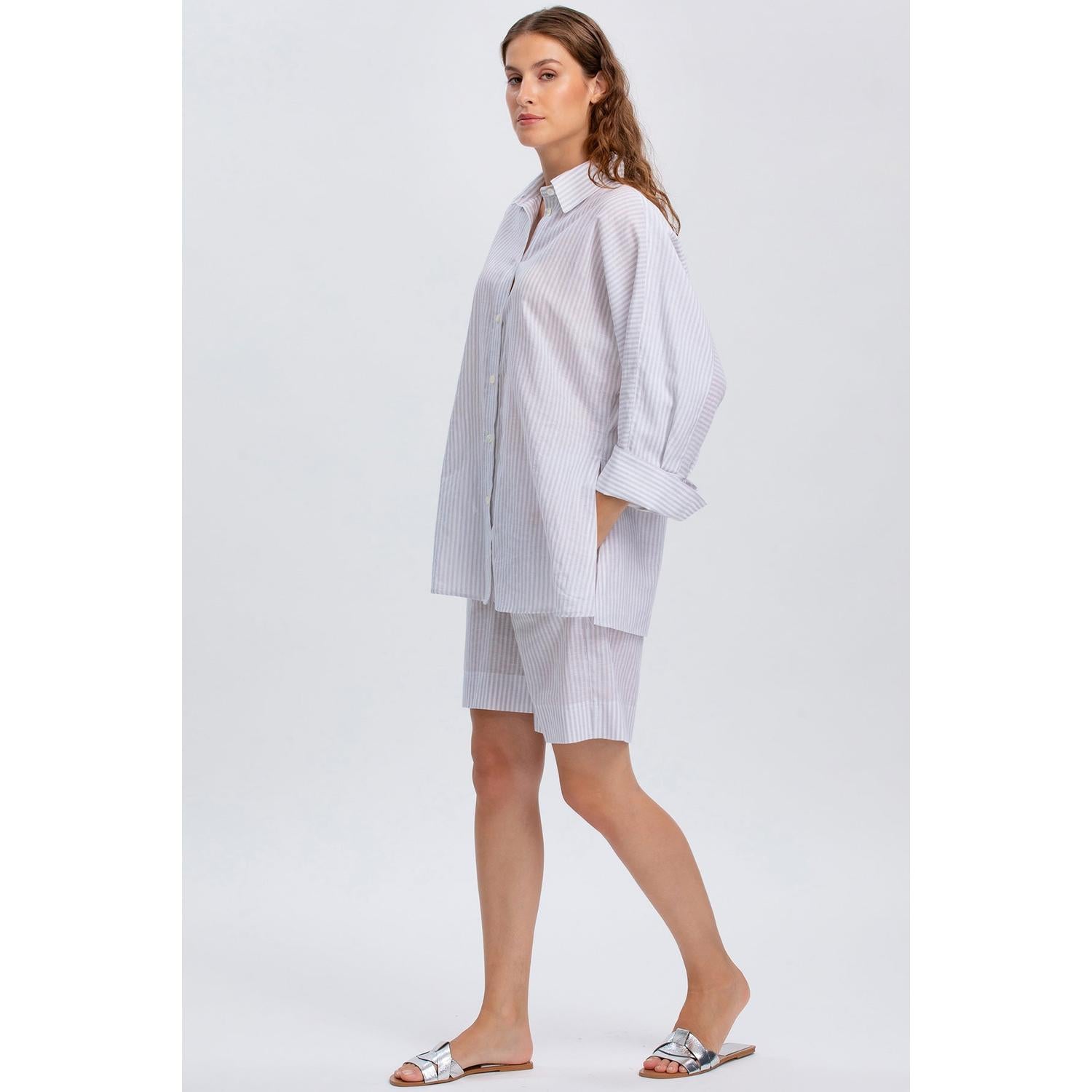 LIPARI - Camicia Oversize in Lino a Righe Grige