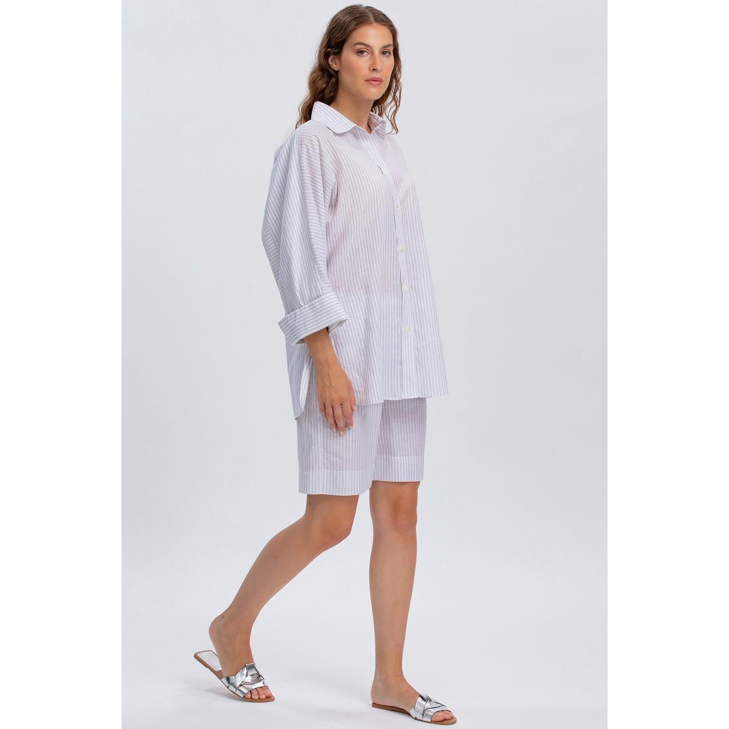 LIPARI - Camicia Oversize in Lino a Righe Grige