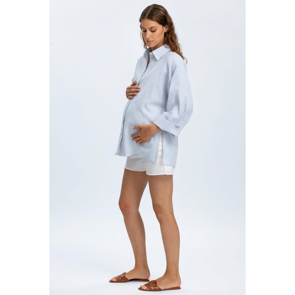 LIPARI - Camicia Premaman Oversize in Lino a Righe Azzurre