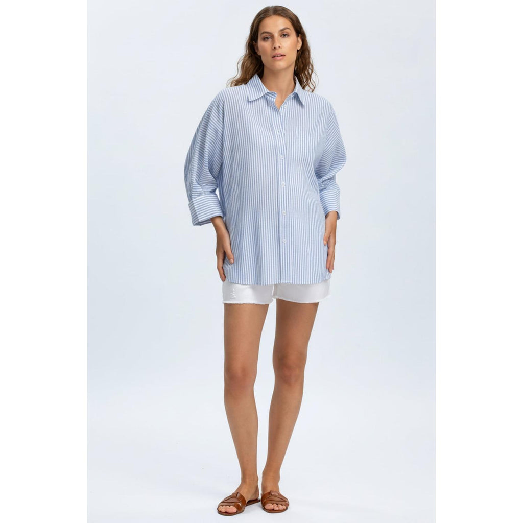 LIPARI - Camicia Premaman Oversize in Lino a Righe Azzurre