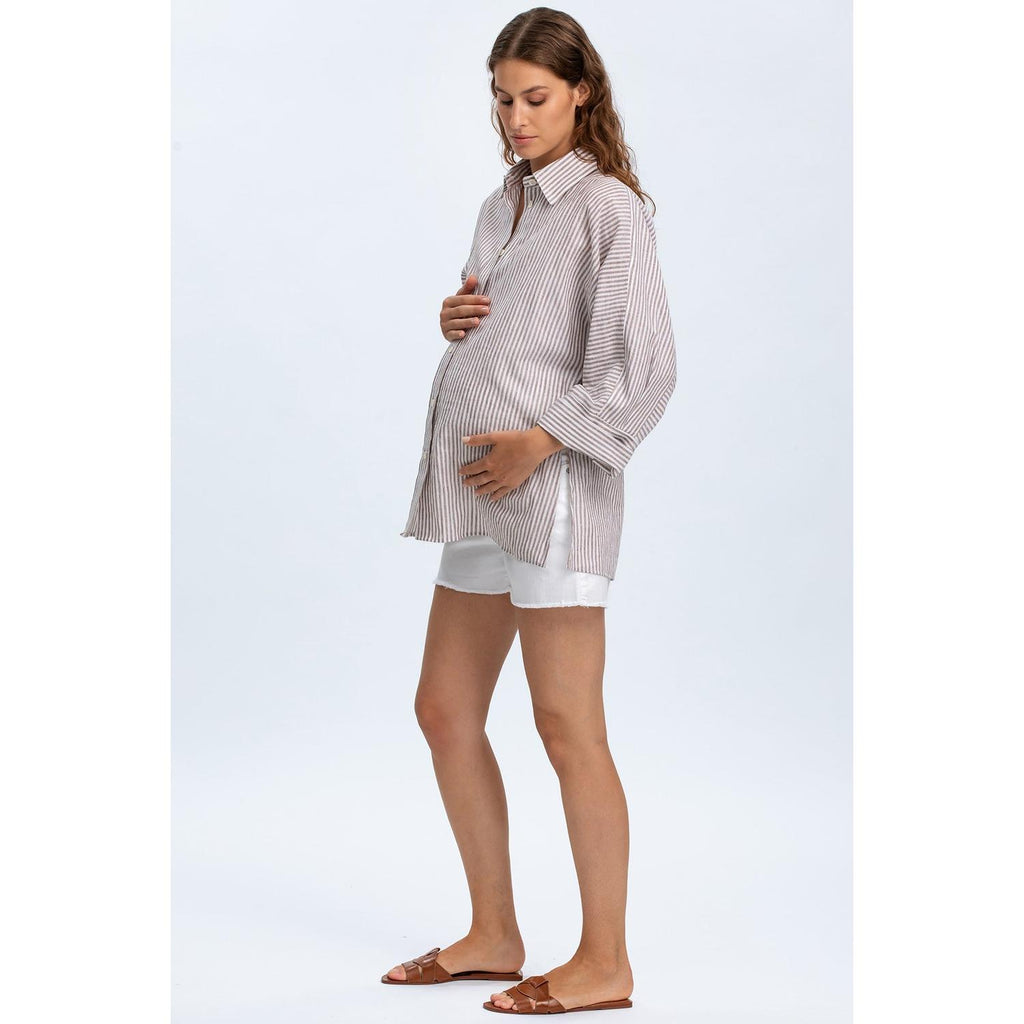 LIPARI - Camicia Premaman Oversize in Lino a Righe Marroni