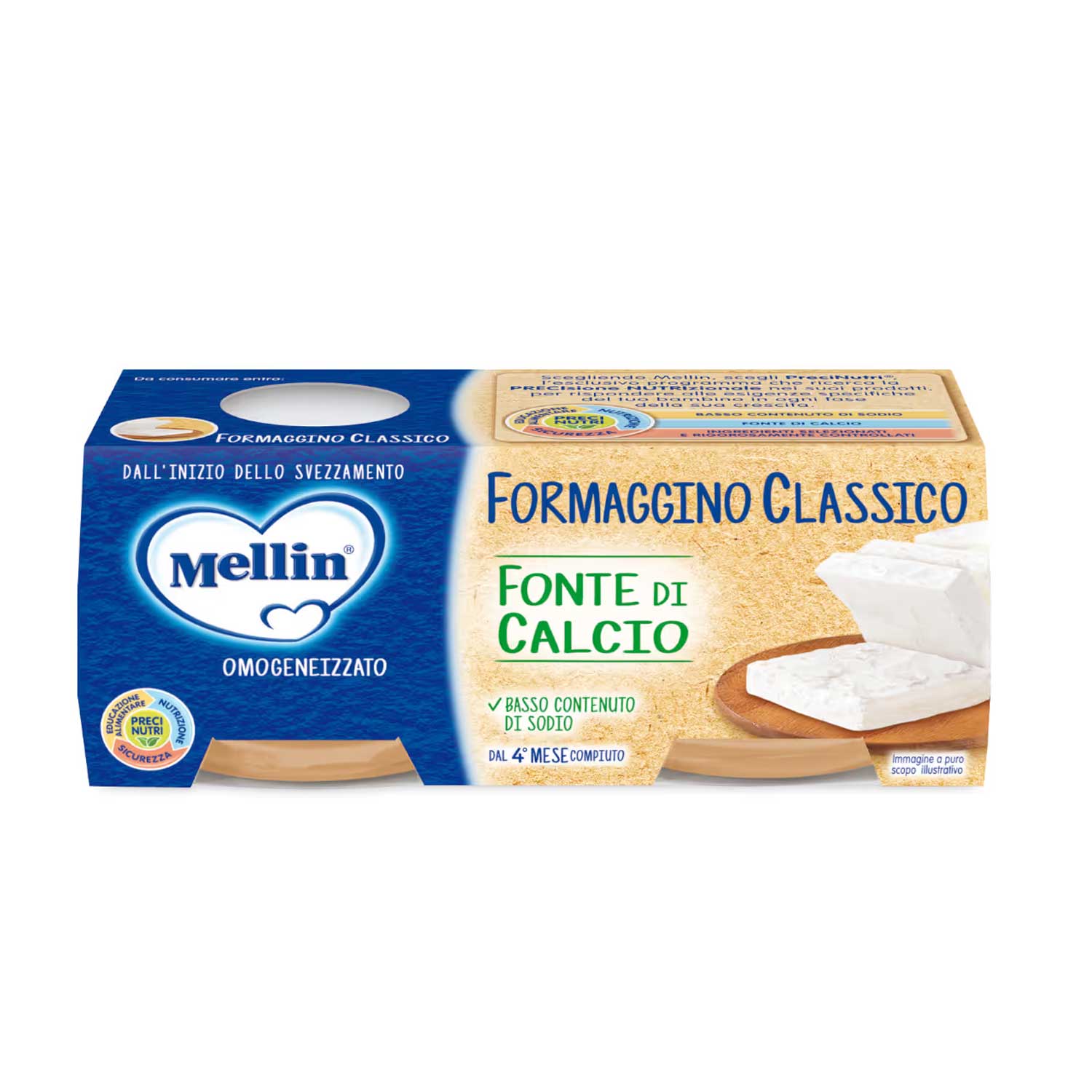 A pack of Mellin brand "Formaggio Classico," a homogenized classic cheese for babies, sits on a white background. The package features images of the cheese and highlights it as a source of calcium. 

