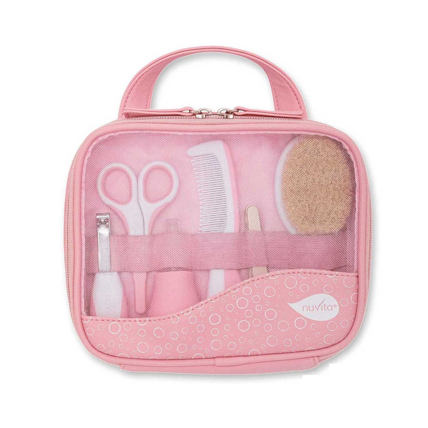 Pink Nuvita baby grooming kit displays nail clippers, comb, brush, and other tools inside a transparent travel case. 
