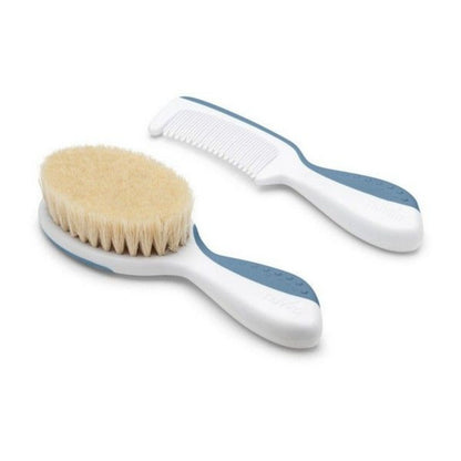 White and blue baby hairbrush with natural bristles and matching fine-toothed comb. 
