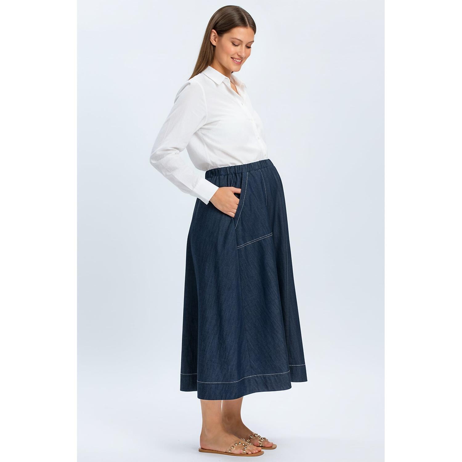 ORTHENSIA - Gonna Premaman Midi con Tasche Colore Blu Denim