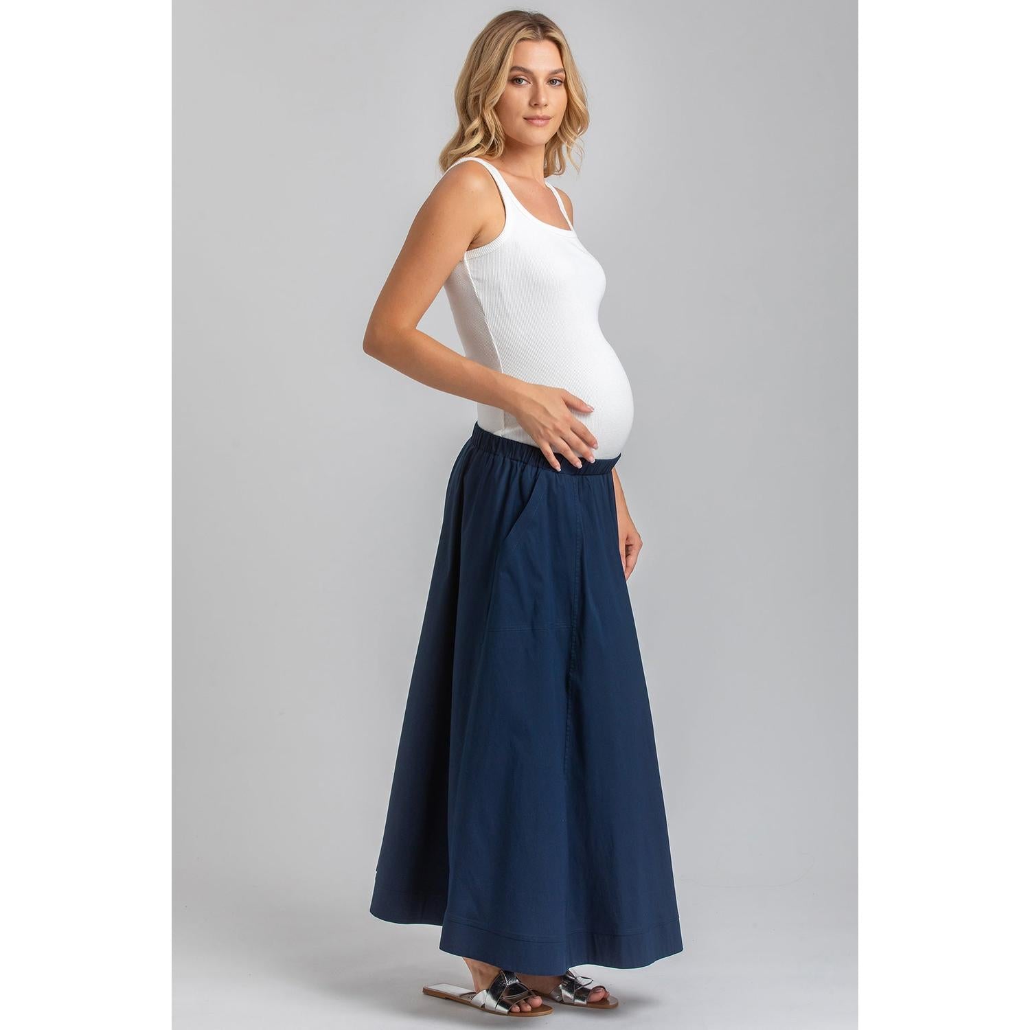 ORTHENSIA - Gonna Premaman Midi in Cotone Blu Scuro con Tasche