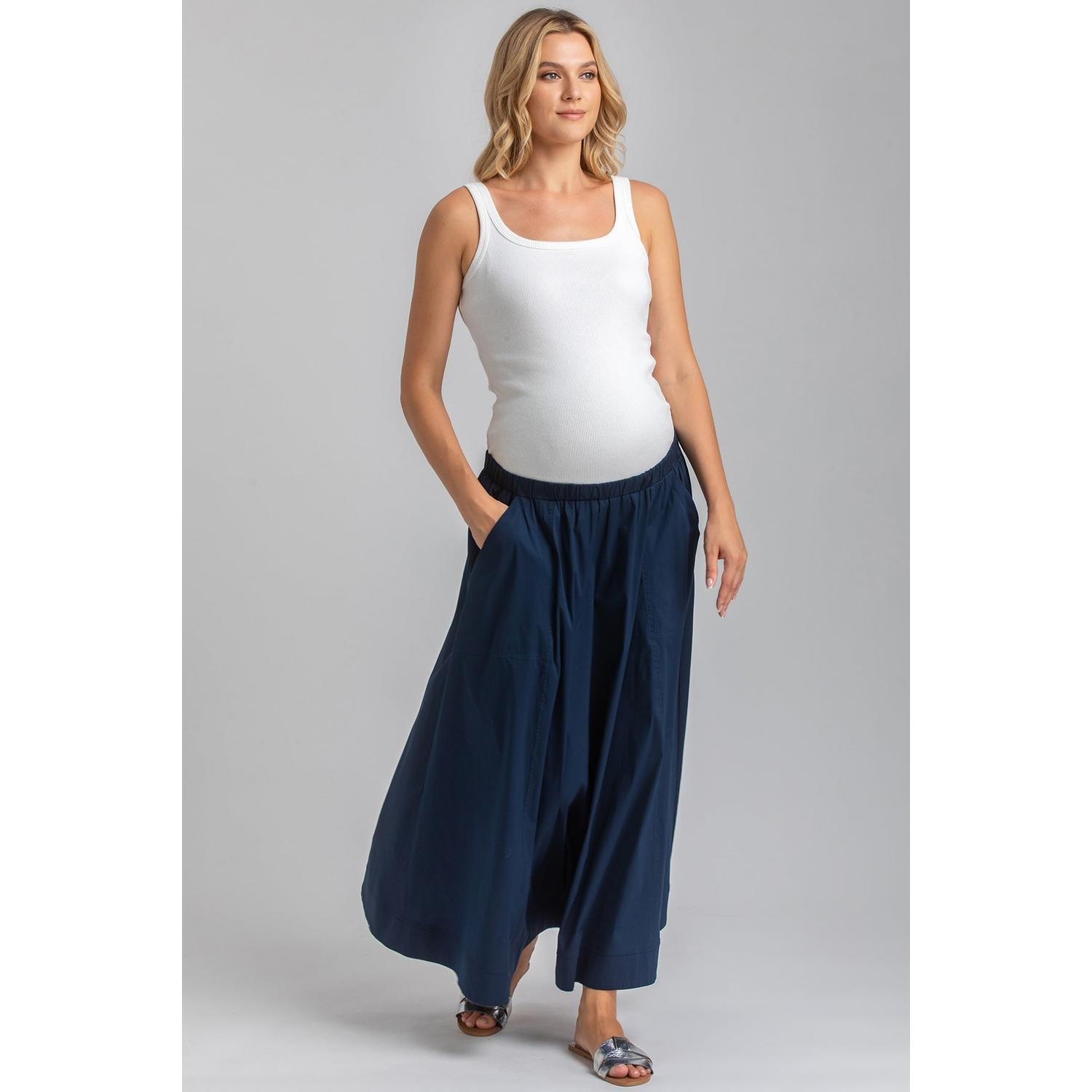 ORTHENSIA - Gonna Premaman Midi in Cotone Blu Scuro con Tasche