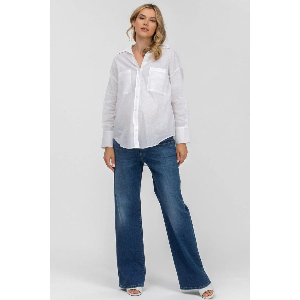 SOPHIA POCKET - Camicia Premaman Oversize con Tasche Frontali in Lino Bianca