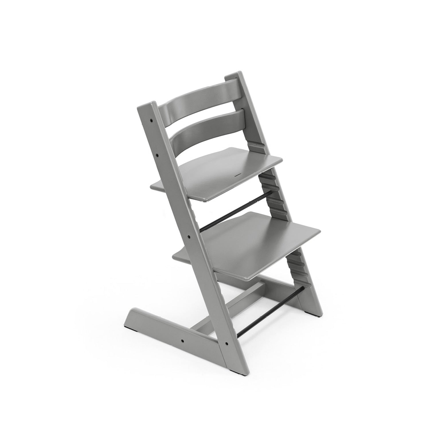 Gray adjustable wooden high chair, featuring a minimalist design. 

