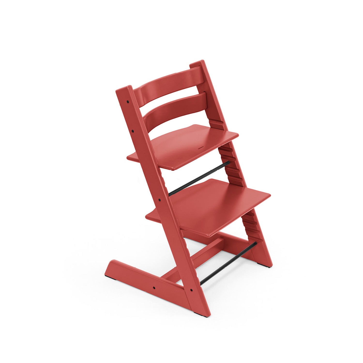 Red adjustable wooden high chair displays adjustable seat and footrest for growing children. 
