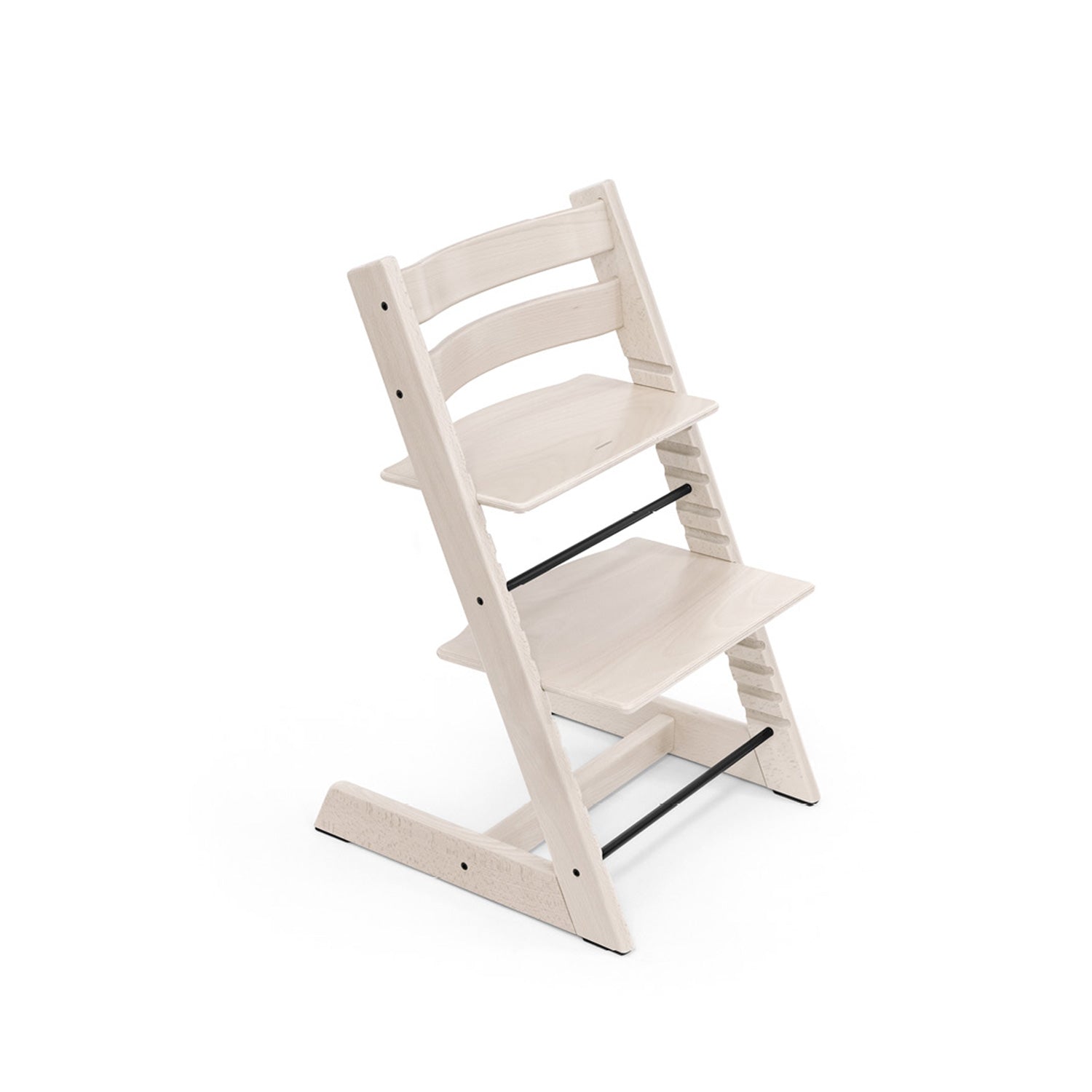 White wooden adjustable high chair with black accents on white background. 
