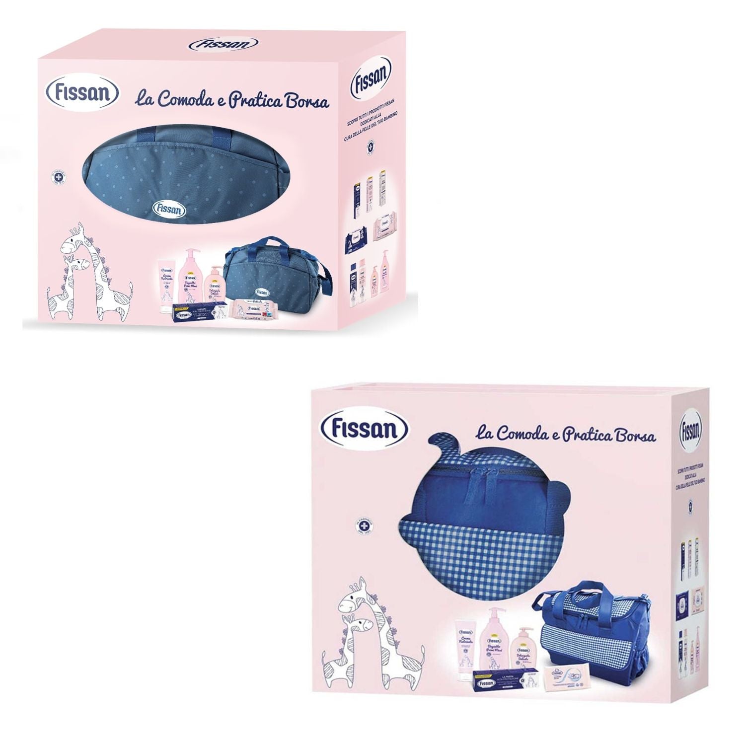 Two Fissan baby care gift sets featuring a blue diaper bag, baby toiletries, and playful giraffe illustrations on a pink background. 
