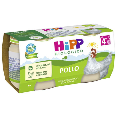 Four jars of HiPP organic chicken baby food in a package. 
