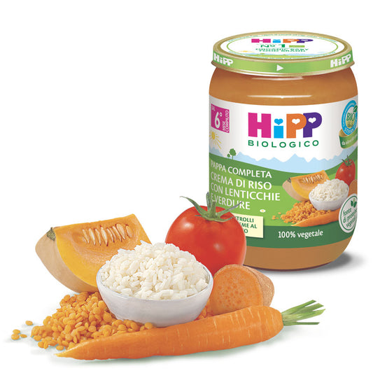 HiPP Organic Rice Cream with Lentils and Vegetables baby food jar surrounded by fresh ingredients: rice, lentils, carrots, tomatoes, and pumpkin.