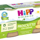 Four jars of HiPP organic baby food, "Prosciutto con Verdure," featuring homogenized ham with vegetables, suitable for babies 4+ months. 
