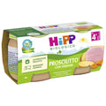 Four jars of HiPP organic baby food, "Prosciutto con Verdure," featuring homogenized ham with vegetables, suitable for babies 4+ months. 
