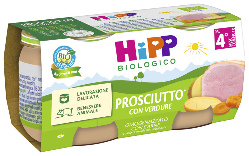 Four jars of HiPP organic baby food, "Prosciutto con Verdure," featuring homogenized ham with vegetables, suitable for babies 4+ months. 
