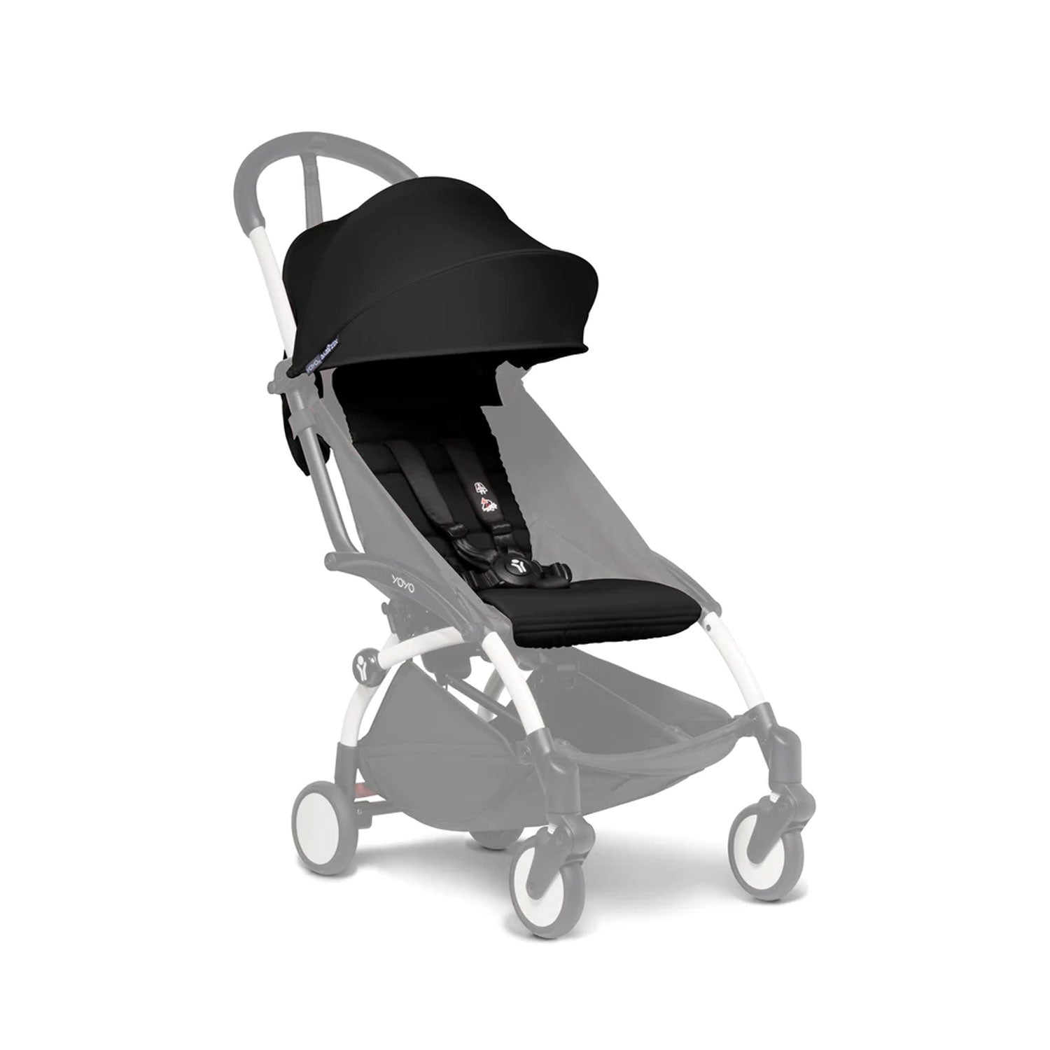 Black Babyzen YOYO stroller with white frame, shown reclined with sunshade extended. 
