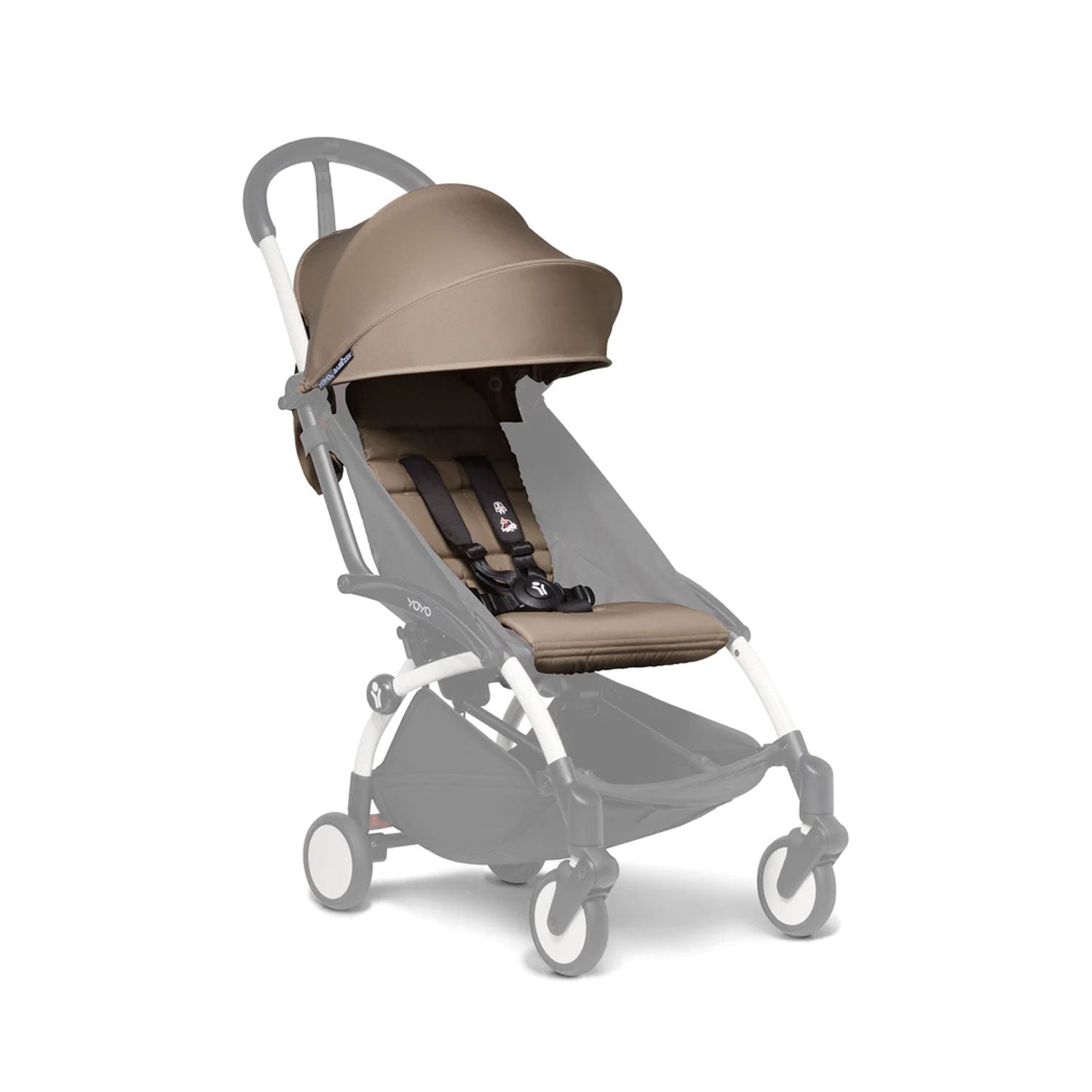 Taupe YOYO² stroller with extended canopy shielding the seat. 
