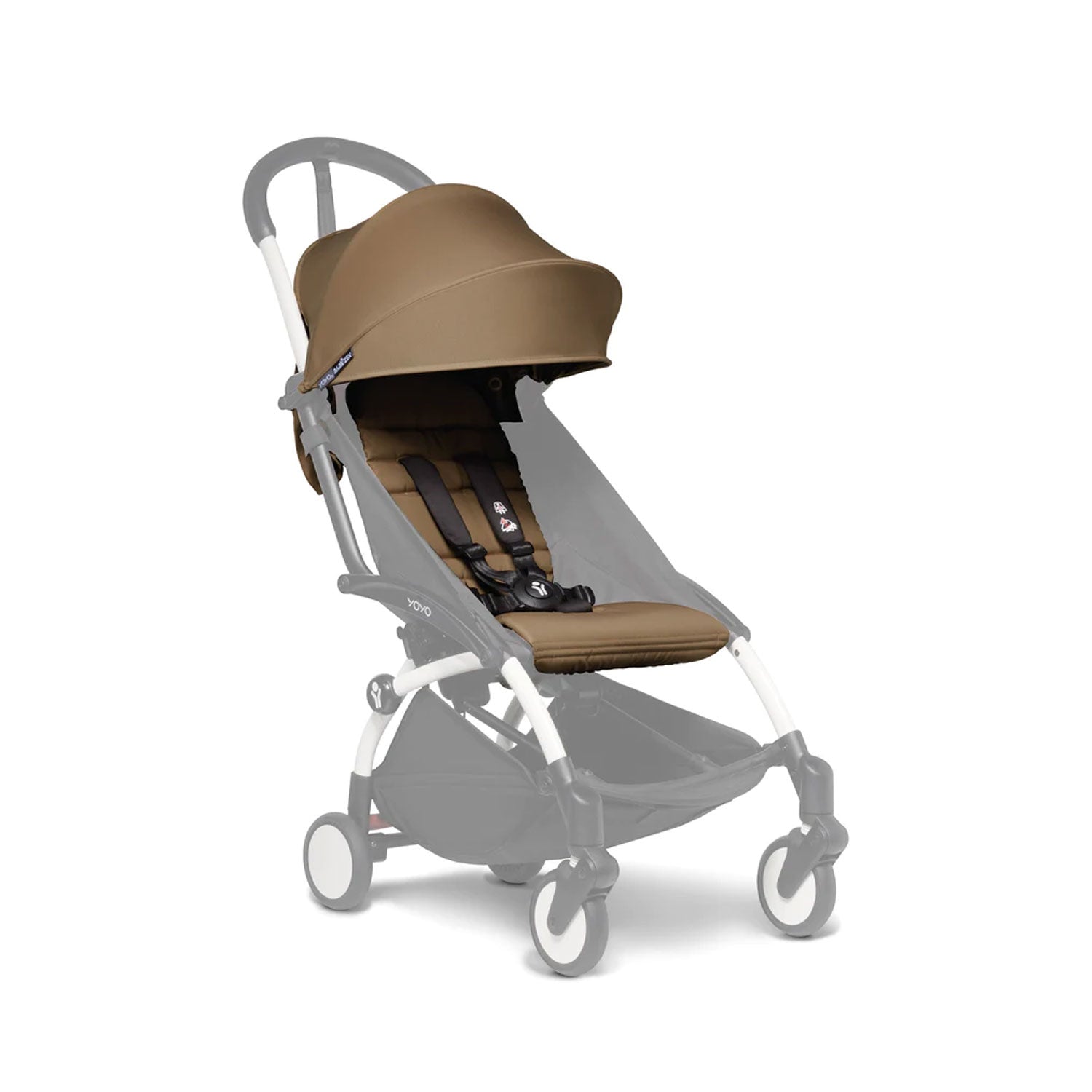 Empty YOYO² stroller with toffee-colored seat padding and sun canopy, ready for a baby to ride. 
