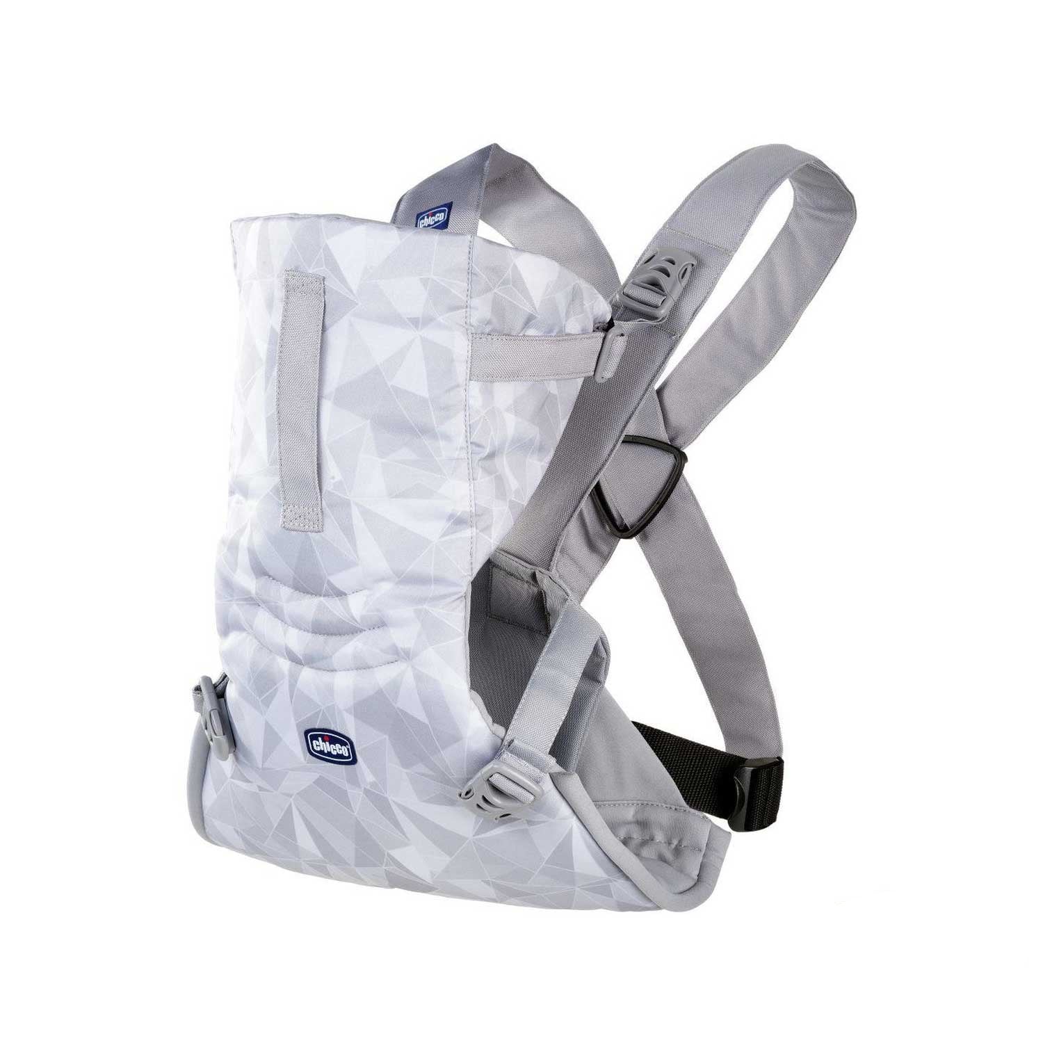Chicco baby carrier in a modern geometric gray and white pattern. 
