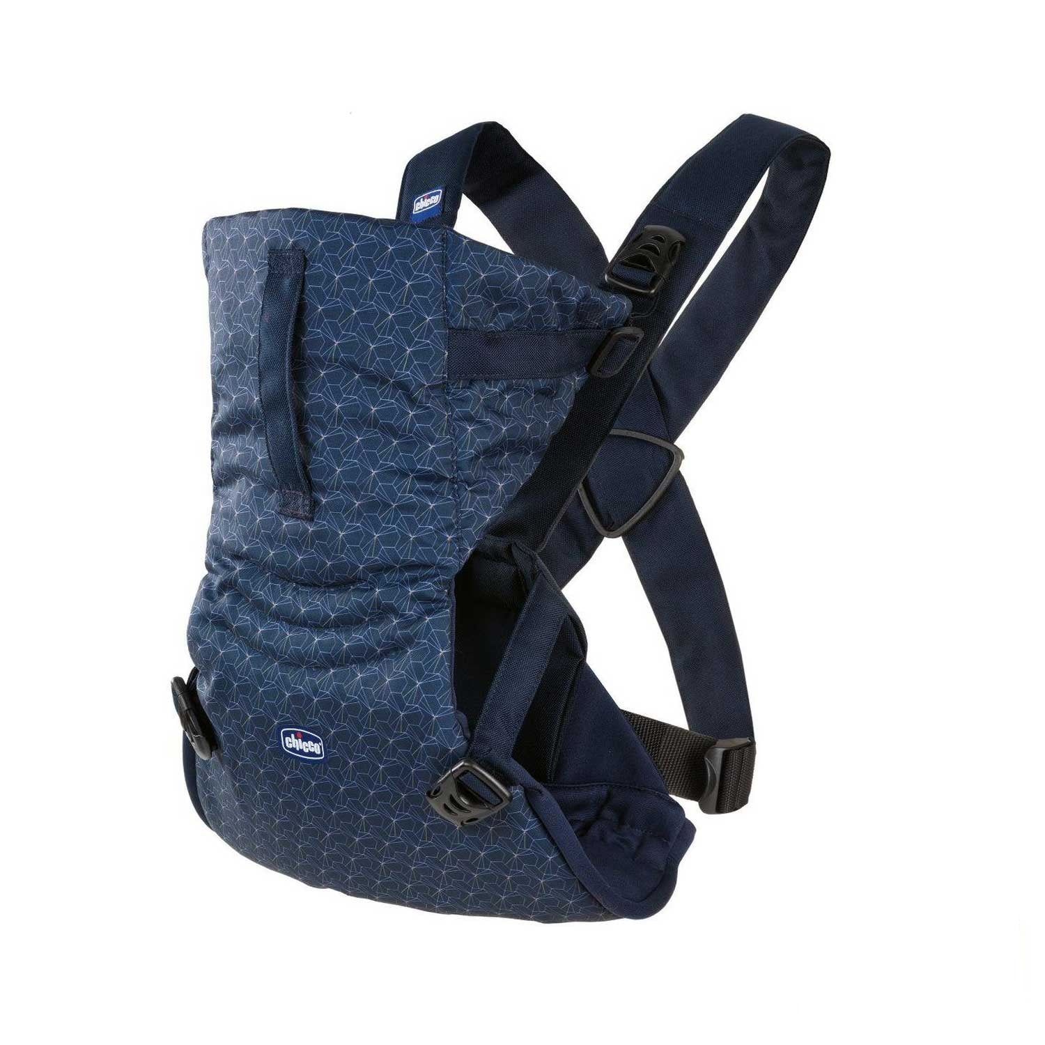 Chicco baby carrier in navy blue with a geometric pattern. 
