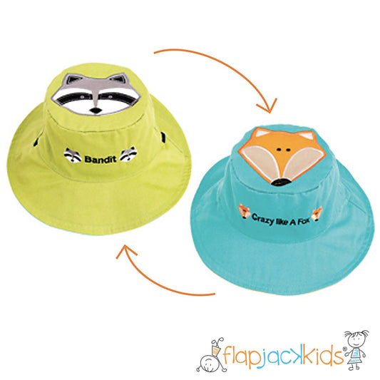 FlapJackKids - Cappello Estivo Reversibile Anti-UV SPF 50+, Orsetto Lavatore + Volpe- 100% cotone